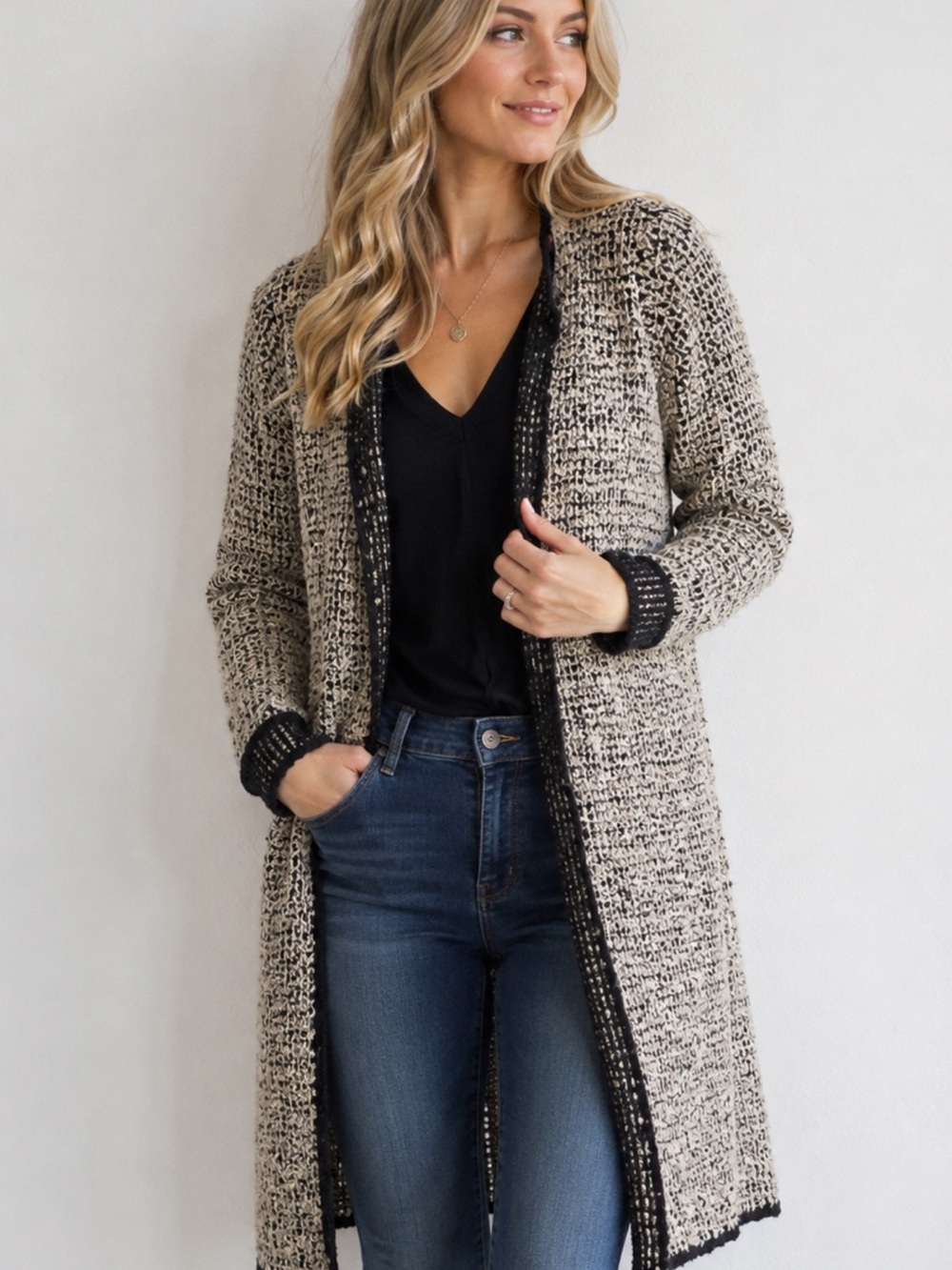 Belldini Beige Cardigan with Black Trim Open-Front